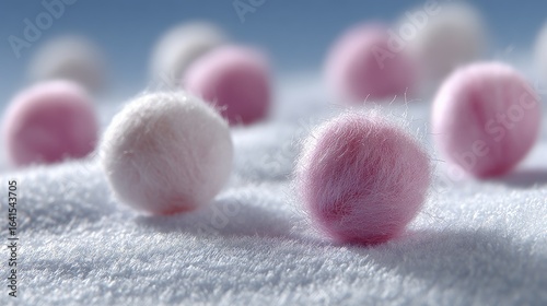 Soft, fluffy pink and white balls on light blue fabric