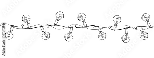 Decorative monochrome string lights vector illustration painted by black inks. Holiday garland with glass lamps for Christmas, Diwali, Chinese New Year festivals and Mexican cultural celebrations