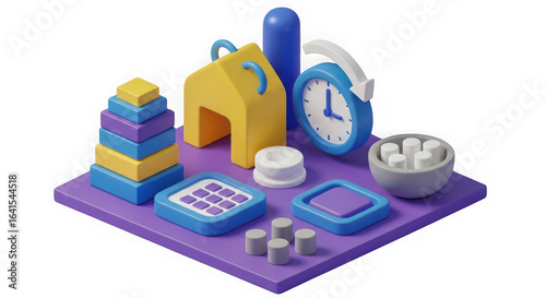 Isometric abstract objects including a calculator, clock, and building blocks isolated on transparent background