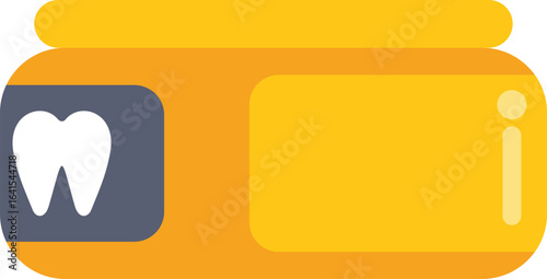 Yellow dental floss container is laying horizontally with a graphic of a white tooth on a blue square