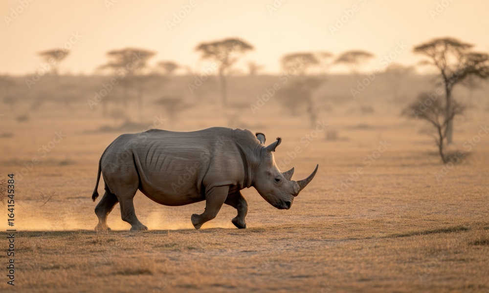 Fototapeta premium Rhino walks on dry savanna plains, lit by soft sunset light; dusty