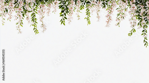 Delicate hanging pink cherry blossoms and green foliage on a white background, ideal for spring wedding invitations or elegant designs.