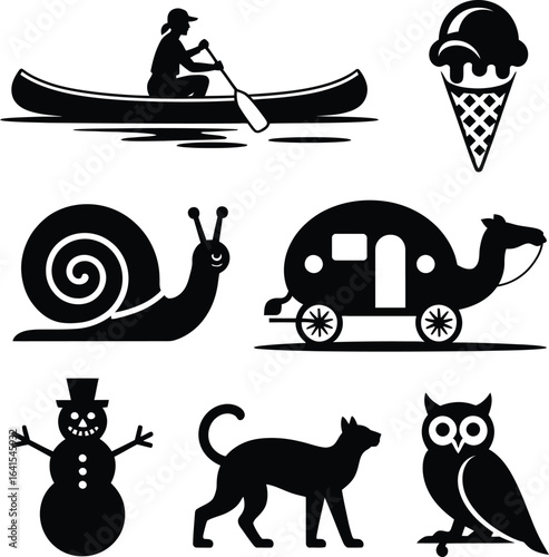 Black silhouette icons of a canoeist ice cream a snail a caravan a snowman a cat and an owl