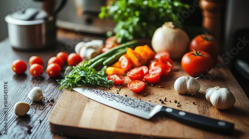 A vibrant kitchen scene featuring fresh vegetables and herbs on a wooden cutting board next to a sharp knife, perfect for cooking.