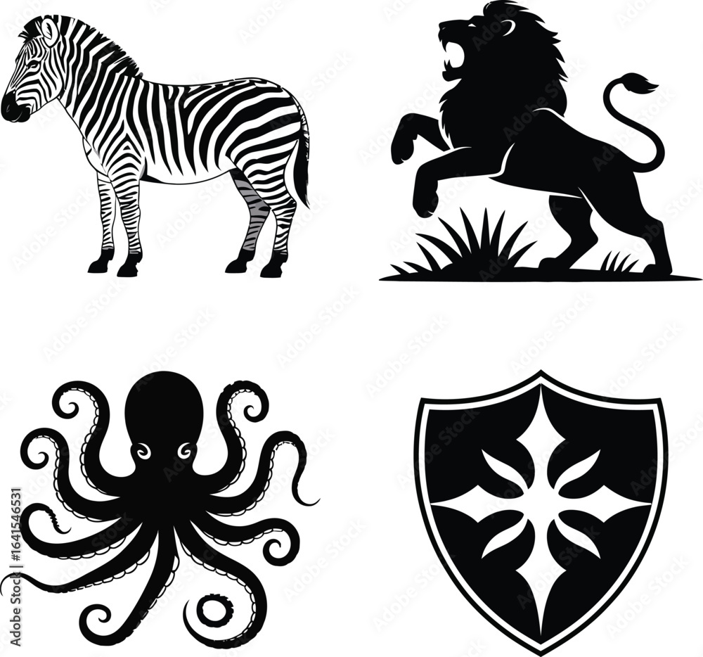 Fototapeta premium Black Silhouettes of Zebra Lion Octopus and Shield striped animal big cat