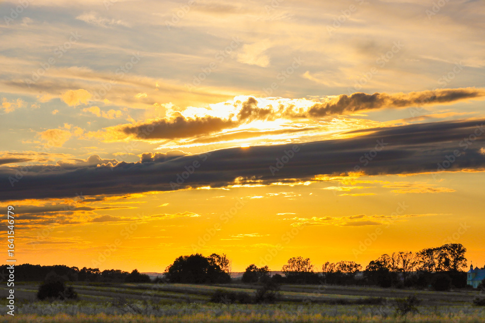 Obraz premium Sunlight breaks through the clouds, illuminating the field in the foreground. Golden hues of the sky create a dramatic contrast with the dark silhouettes of trees on the horizon.