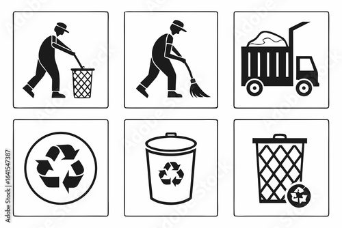 Collection of sanitation and recycling icons isolated on white background