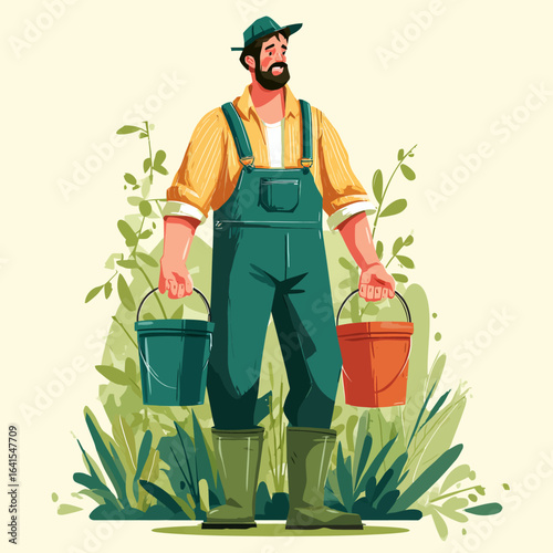 Cartoon Illustration of Cheerful Farmer Holding Buckets with Farm Plants