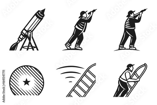 Set of icons representing space exploration and scientific discovery