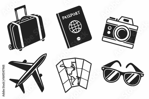 Travel icons suitcase, passport, airplane, camera, map, sunglasses