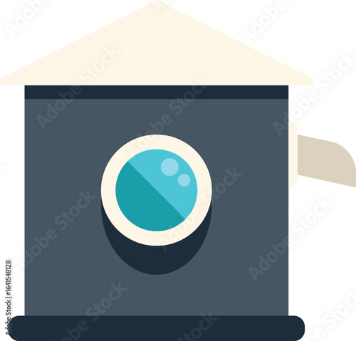 This illustration features a modern doghouse with a round window, designed to provide a comfortable and safe space for a beloved pet