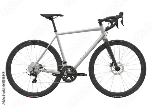 Modern silver gravel bicycle with disc brakes and black tires, isolated on transparent background