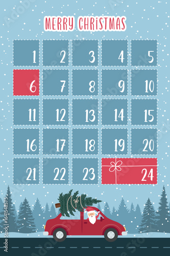 cute advent calendar with santa car and christmas tree in snowy winter landscape vector illustration