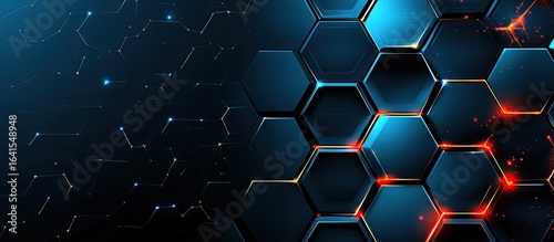 Luminous Hexagonal Matrix with Fiery Red Energy and Digital Network Paths