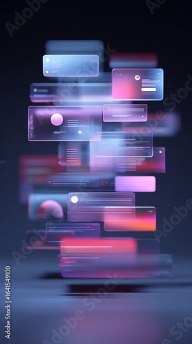 Futuristic digital interface design showcasing blurred translucent windows with dynamic color gradients in blue and pink, representing modern technology and user experience