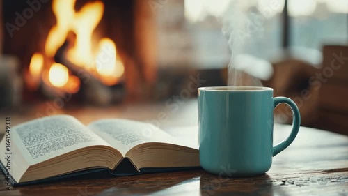 Cozy Winter Evening: Book, Coffee, and Fireplace