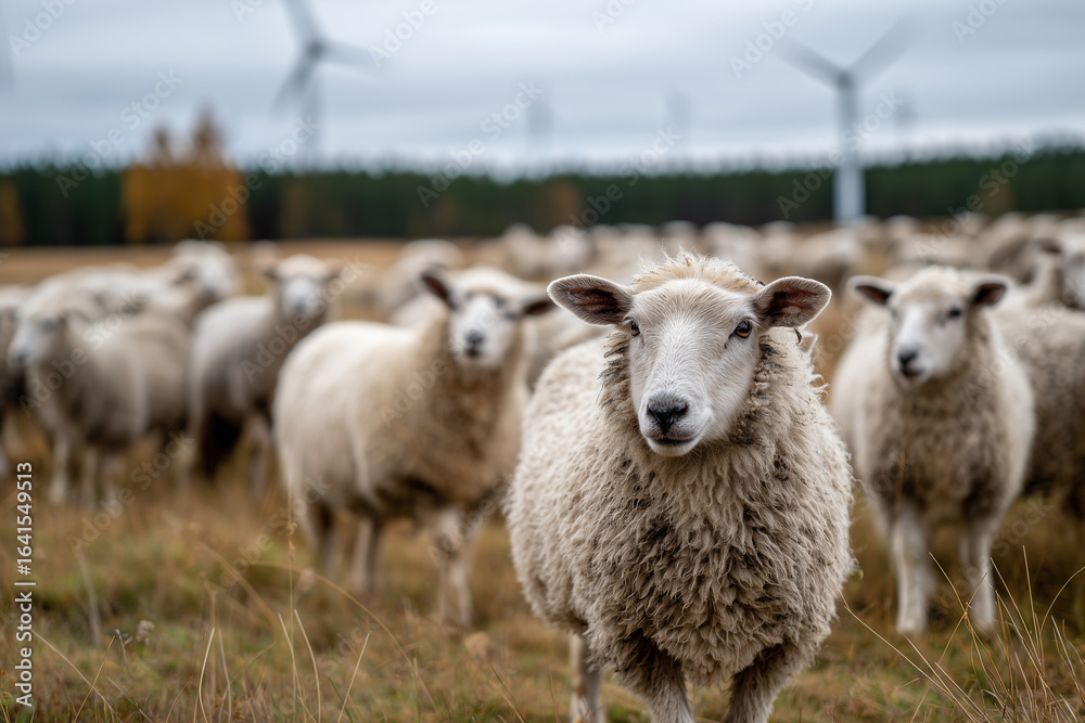 Fototapeta premium Herd of sheep grazing near wind turbines in autumn pasture,