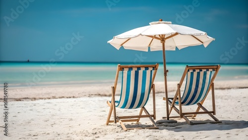 Wallpaper Mural Tropical White Sand Beach with Lounge Chairs and Umbrella by Turquoise Ocean Torontodigital.ca