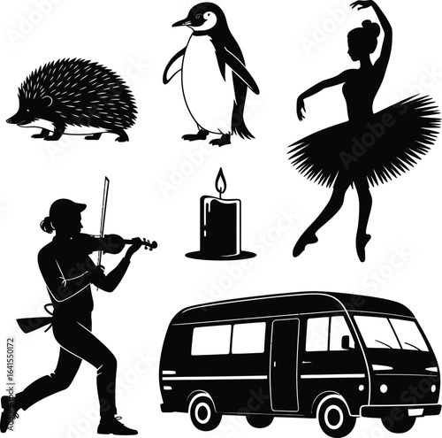 Hedgehog penguin ballerina violinist candle and van silhouette collection Keywords: hedgehog
