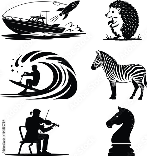Silhouette collection of boat rocket hedgehog surfer zebra and violinist