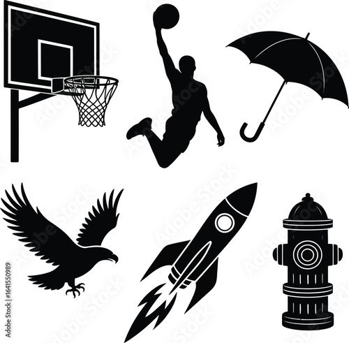 Black Silhouettes of Sports Equipment and Transportation basketball hoop