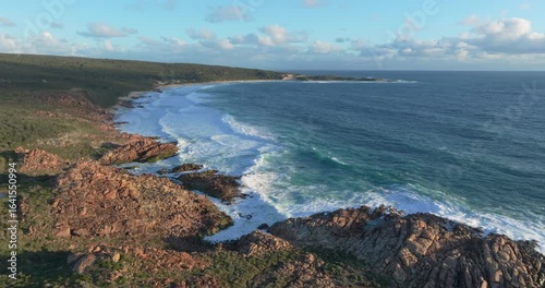 4k Aerial views of rugged rocky coastline in South West Australia at sunset