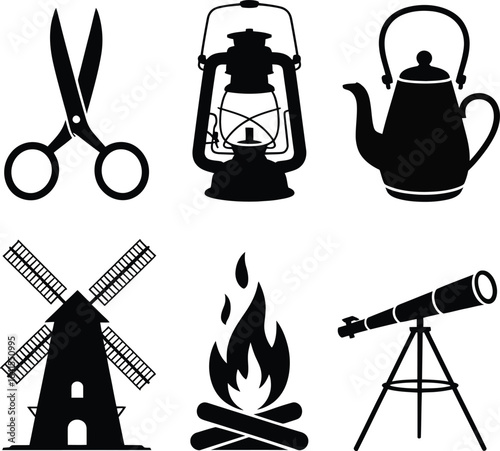 Silhouette collection of scissors lantern teapot windmill campfire and telescope