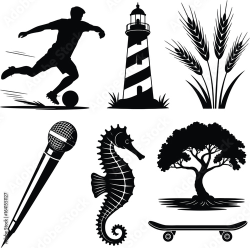 Silhouette collection of soccer player lighthouse wheat microphone seahorse and tree