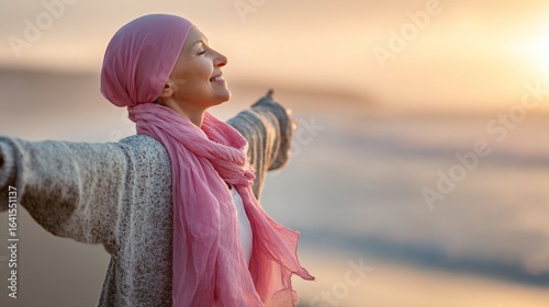 Empowered survivor embracing life's beauty, finding strength and peace during sunrise with arms outstretched, symbolizing hope and resilience after challenging journey