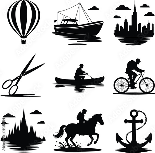 Collection of black silhouette icons for travel and recreation hot air balloon boat