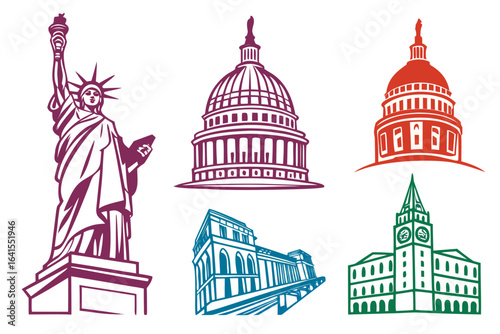 Famous american landmarks isolated on white background