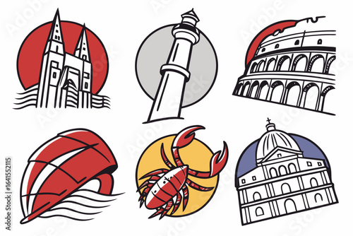 Collection of famous architectural landmarks and symbols