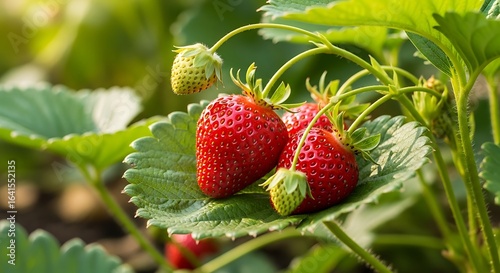 Vibrant strawberries at peak ripeness amidst lush green foliage and developing fruitlets