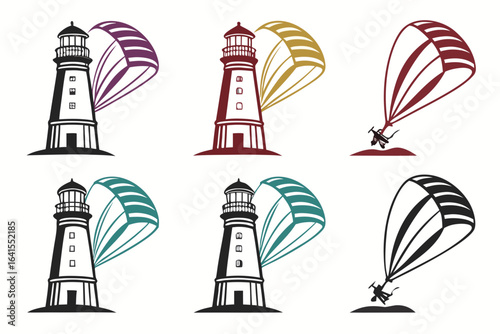 Lighthouse and paraglider isolated on white background
