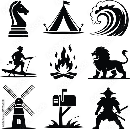 Collection of nine black and white silhouette icons on white background Keywords: chess horse