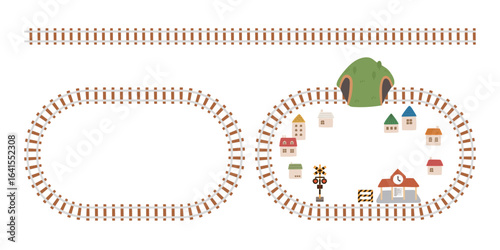 楕円形線路と山のトンネルや家や駅が描かれたイラストセット