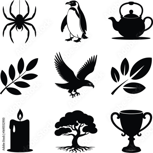 Group of black silhouette icons with animals, plants, and objects spider penguin