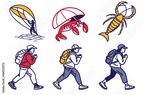 Adventure and hiking elements isolated on white background