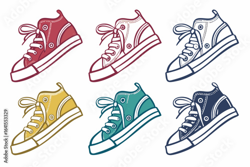 Collection of colorful hightop canvas sneakers isolated on white
