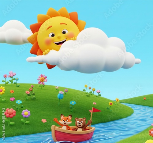 This image depicts a cheerful and colorful scene with the following elements: Smiling Sun: A large sun with a smiling face and a joyful expression peeks out from behind soft white clouds.