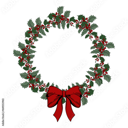 Christmas plant holly berries frame wreath and red bow. Winter seasonal decoration plant with green leaves. Xmas and New Year element collection 