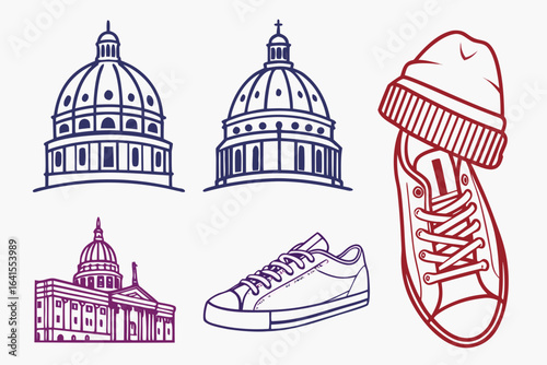 Architectural domes and casual footwear isolated on white