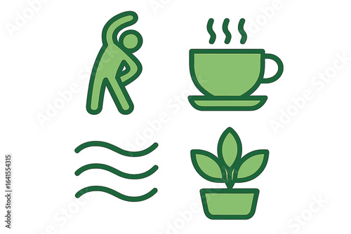Relaxation and wellness symbols in green color representing exercise, warm drink, air, and nature