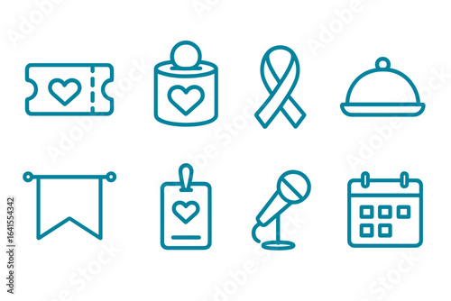 Variety of simple heart-themed icons representing events, activities, and support initiatives during a community gathering
