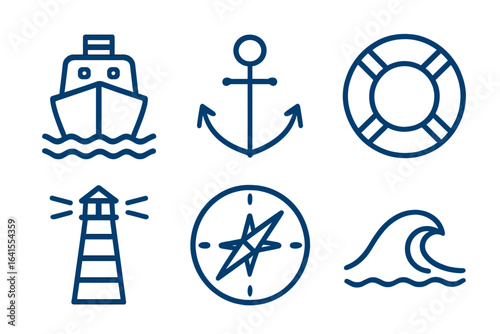 Nautical symbols representing marine activities like boating, navigation, and safety measures near the shoreline