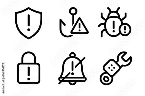 Various security and warning icons representing alerts, locks, and tools in a simple design