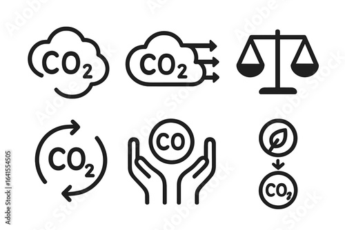 Symbols representing carbon dioxide dynamics, environmental balance, and climate action initiatives in graphic design