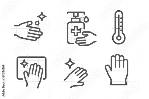 Hygiene practices illustrated with hand washing, sanitizer use, and temperature check icons for health awareness
