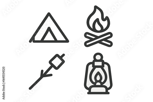 Camping icons representing outdoor activities like tent setup, campfire lighting, roasting marshmallows, and lantern use