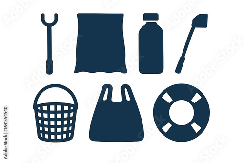 Various cleaning and safety items displayed on a flat surface for environmental protection and preparedness